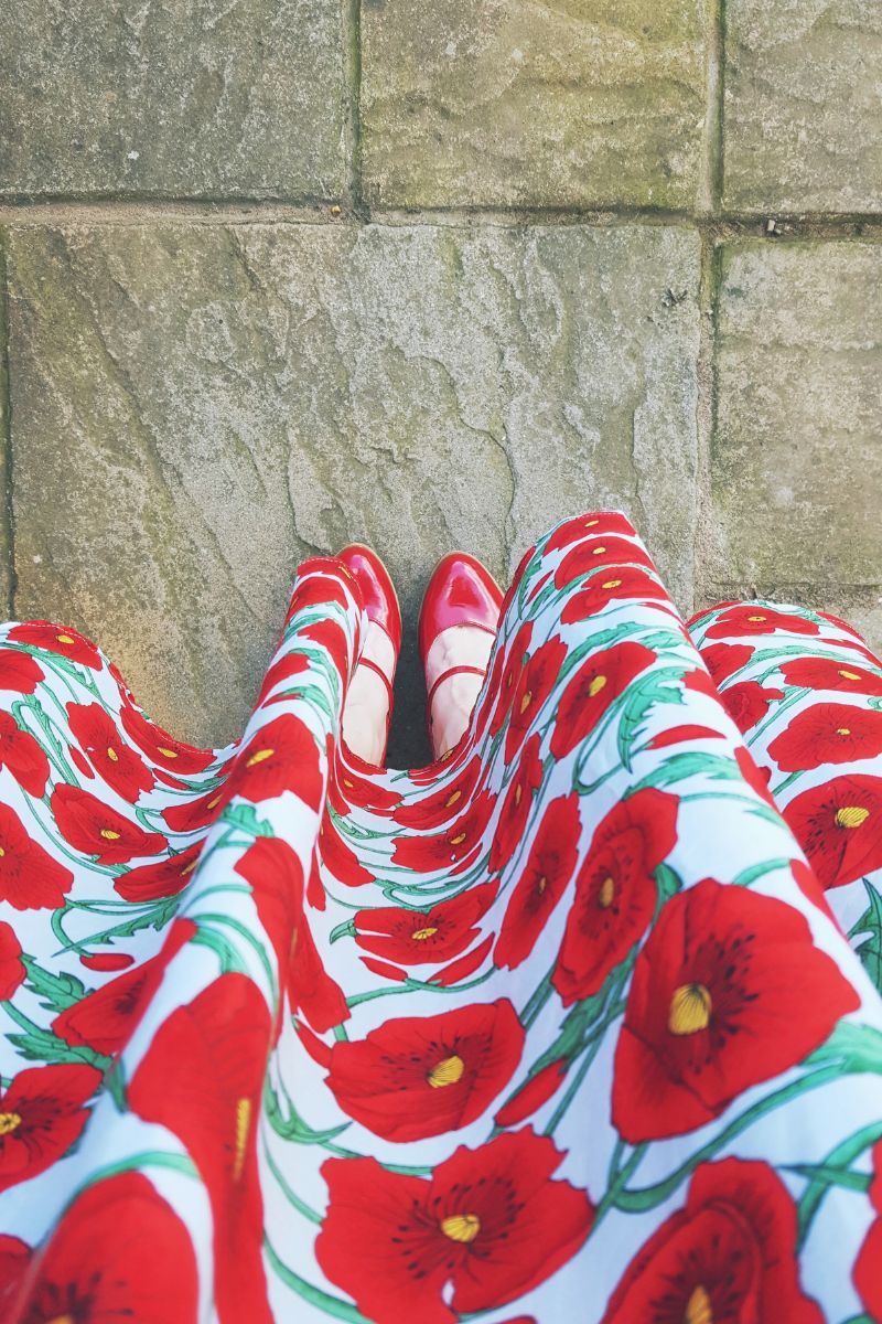 Red Poppy Print Dress: 1950s Vintage Outfit Inspiration