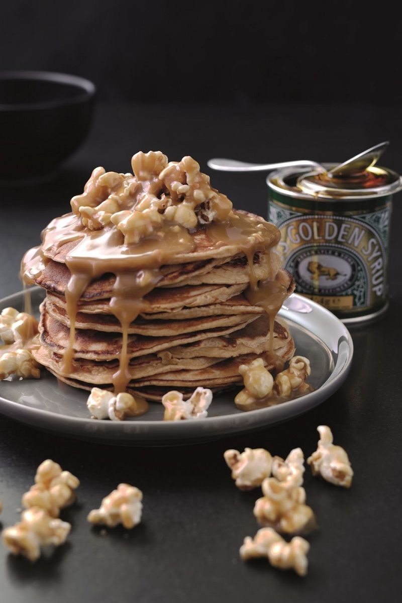 Peanut Butter Pancakes With Salted Caramel Popcorn Sauce