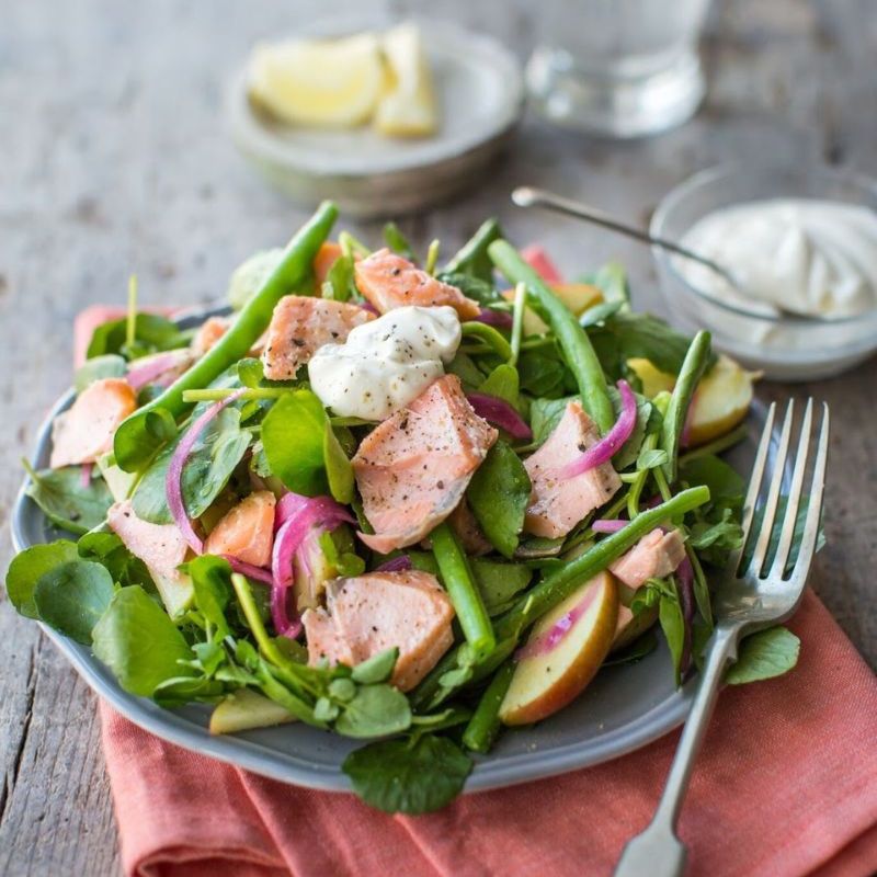 Hot-Smoked Salmon And Watercress Salad With Apple, Green Beans And Crème Fraiche