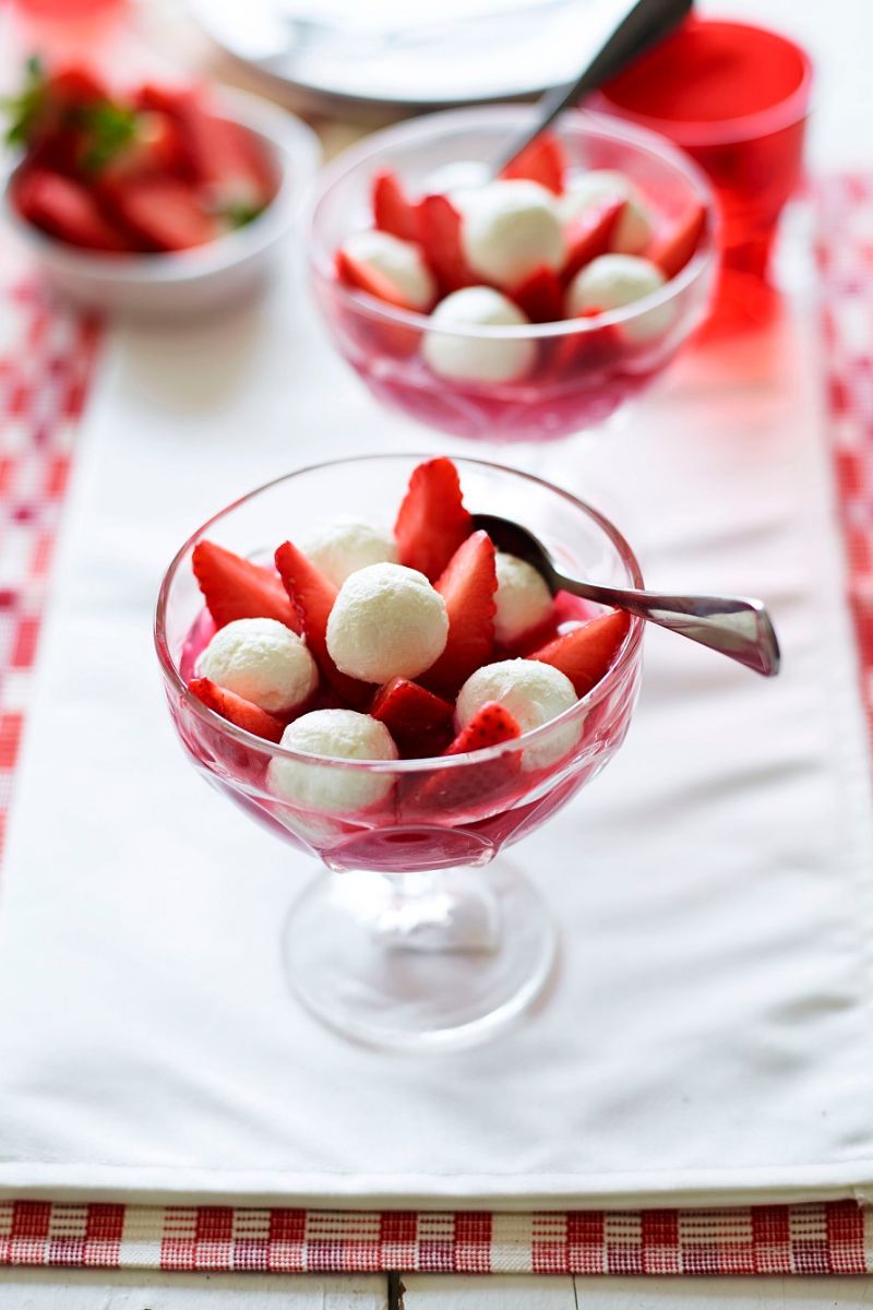 Strawberries, Roasted Rhubarb and Rosewater Labenh Balls
