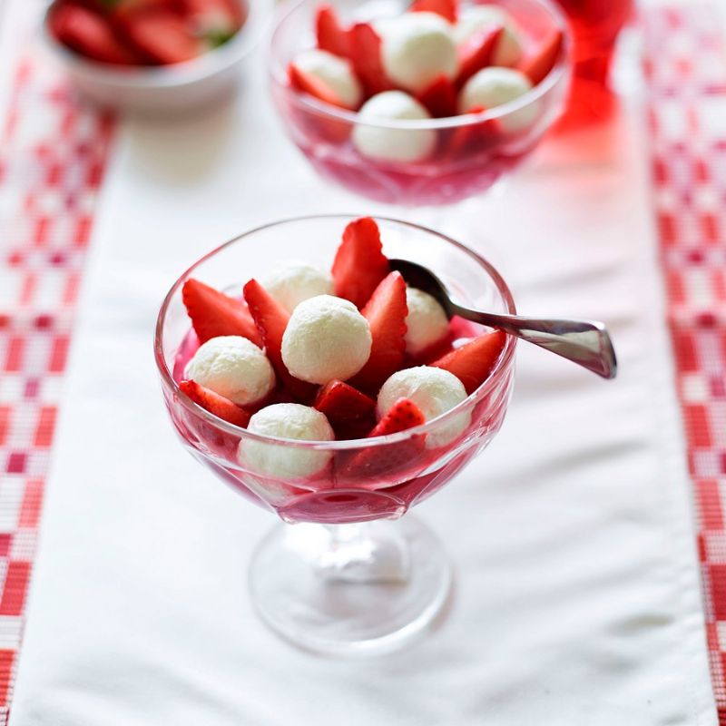 Strawberries, Roasted Rhubarb and Rosewater Labenh Balls