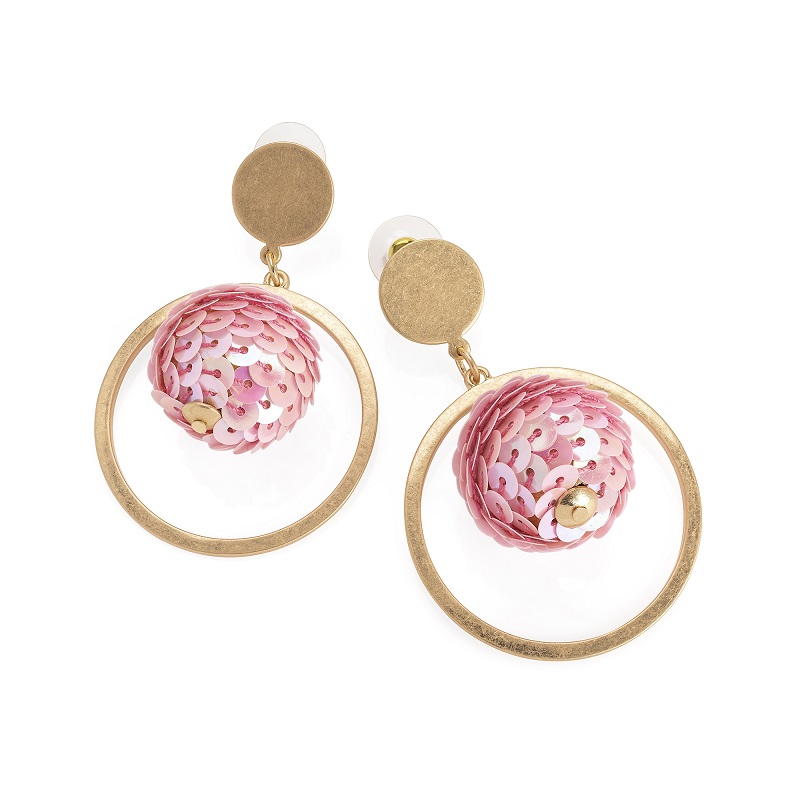 Worn Gold Colour Pink Sequin Ball Drop Earring