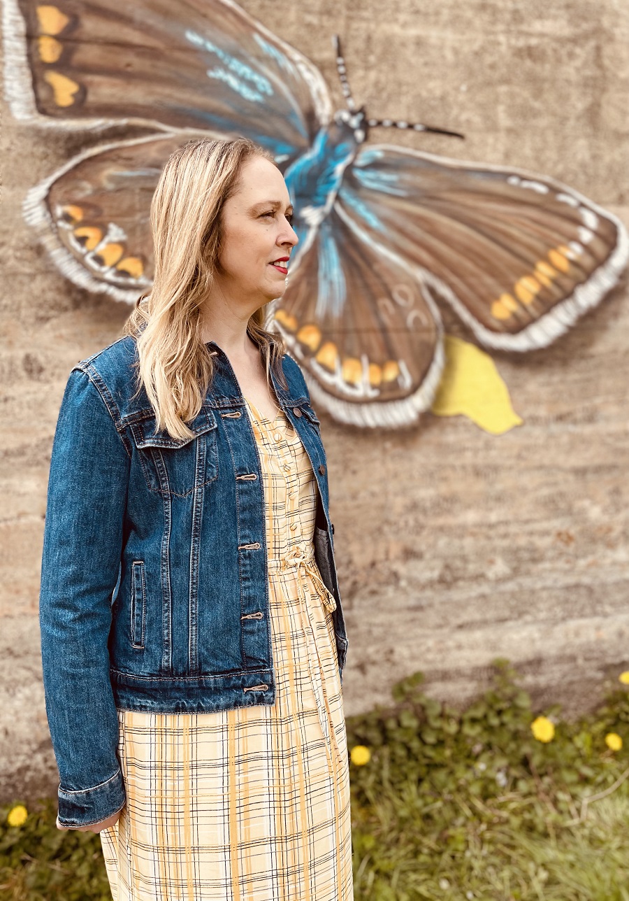 Denim Jacket, Yellow Maxi Dress And A Beautiful Butterfly Street Art.