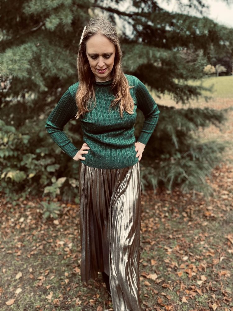 Green Glitter Jumper And Silver Skirt With Boots