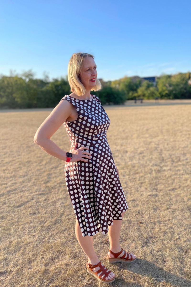 How To Style A Brown Polka Dot Dress Over 50 Fashion