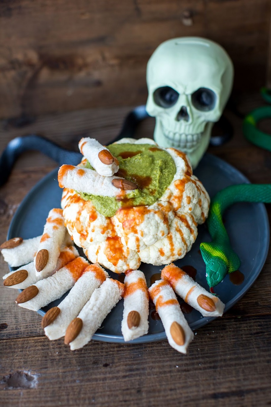Roasted Cauliflower Brain With Green Slime Hummus And Dead Man’s Finger Sandwiches