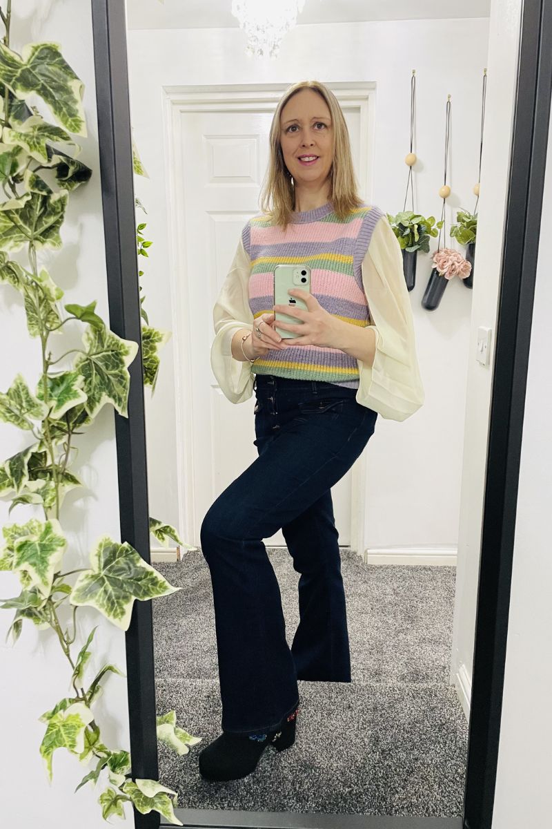 Flared Jeans With Stripy Knitted Vest Top And Platform Boots